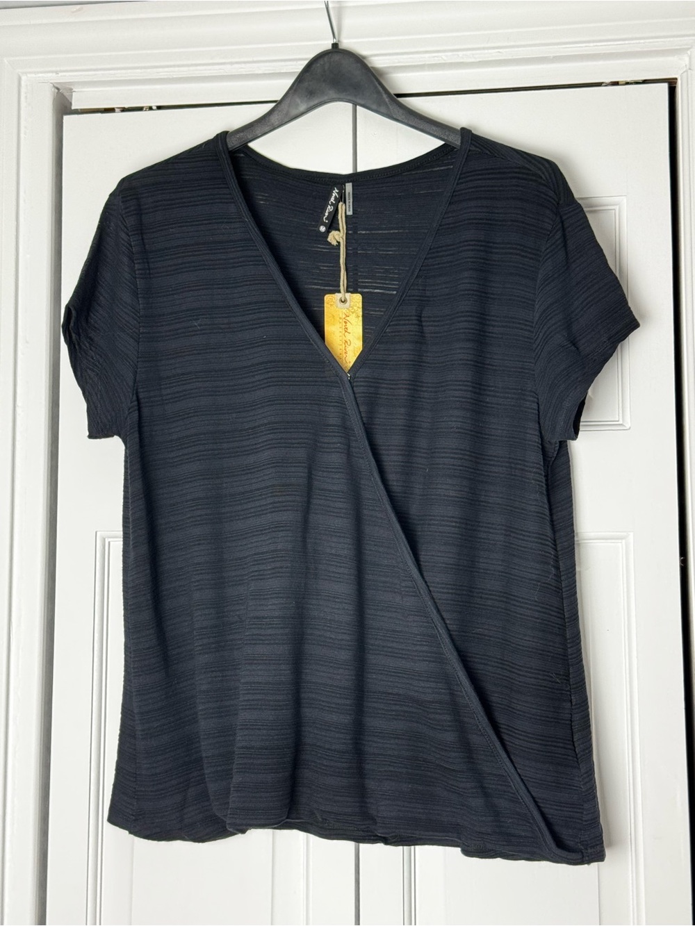 Black Short Sleeve V-Neck Surplice Blouse